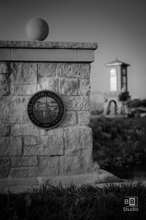 Black and white photo of downtown Algonquin Illinois in McHenry County